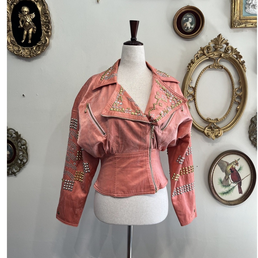 Dynamos Studded Rhinestone Biker Jacket Peach Coral Vintage Style Cropped